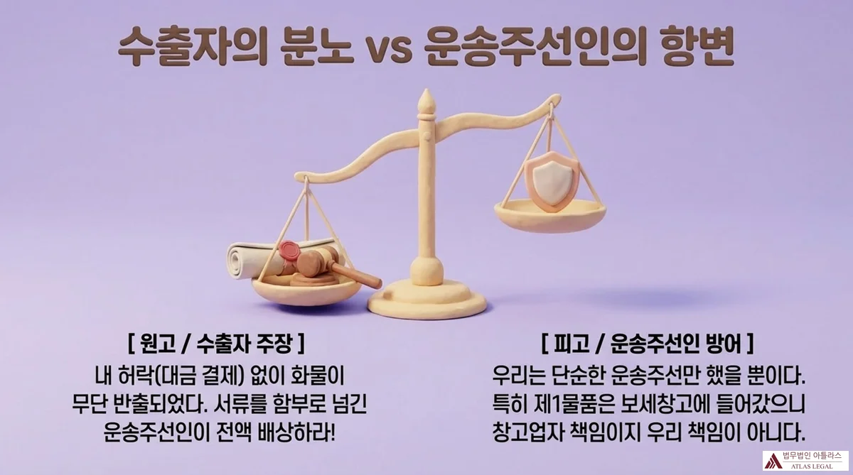 Atlas Legal - Exporter vs Freight Forwarder Legal Dispute Arguments 수출자의 분노 vs 운송주선인의 항변 — 저울 위 법봉·계약서 vs 방패 일러스트. 원고(수출자): 허락 없이 화물이 무단 반출됐으니 운송주선인이 전액 배상하라. 피고(운송주선인): 단순 운송주선이며 제1물품은 보세창고업자 책임.