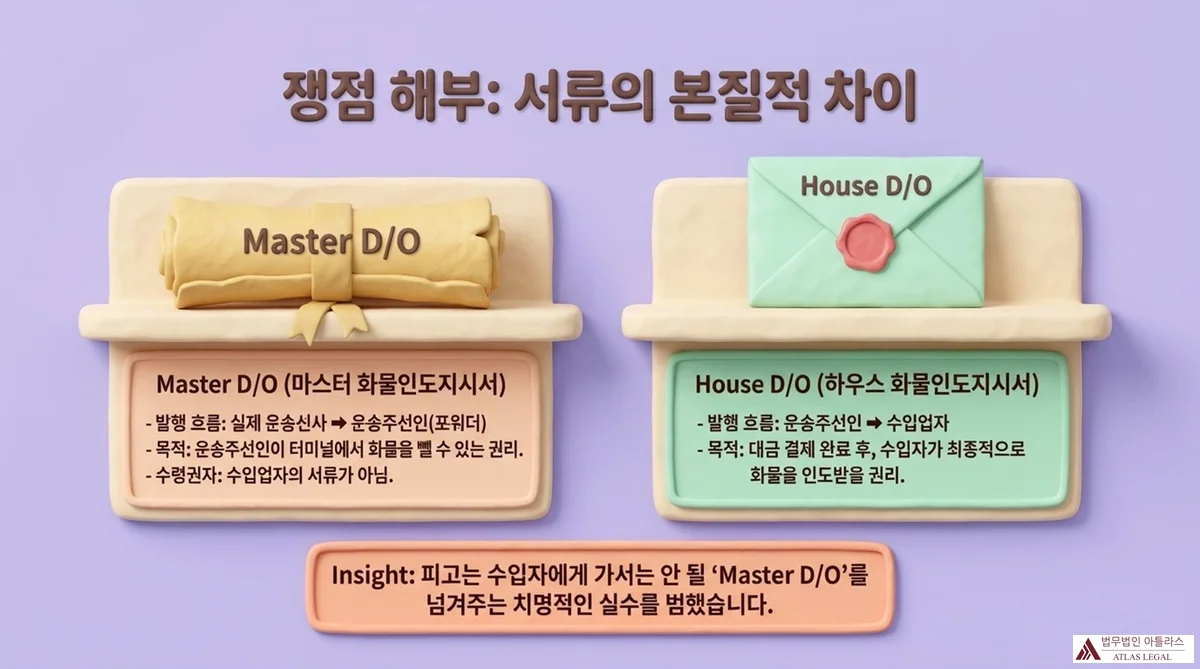 Atlas Legal - Master D/O vs House D/O Distinction in Maritime Freight 쟁점 해부: 서류의 본질적 차이 — Master D/O(마스터 화물인도지시서): 실제 운송선사→운송주선인 발행, 터미널 화물 반출용. House D/O(하우스 화물인도지시서): 운송주선인→수입업자 발행, 대금결제 후 보세창고 인도용. 피고는 수입자에게 가면 안 되는 Master D/O를 넘긴 치명적 실수를 범함.