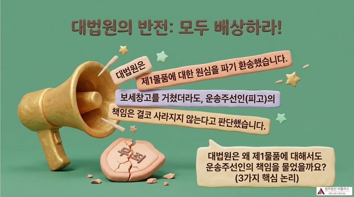 Atlas Legal - Supreme Court Reversal Full Liability Freight Forwarder 대법원의 반전: 모두 배상하라! — 금색 메가폰에서 나오는 판결문: 제1물품 원심 파기 환송. 보세창고를 거쳤더라도 운송주선인의 책임은 사라지지 않는다. 깨진 무죄 방패 일러스트.