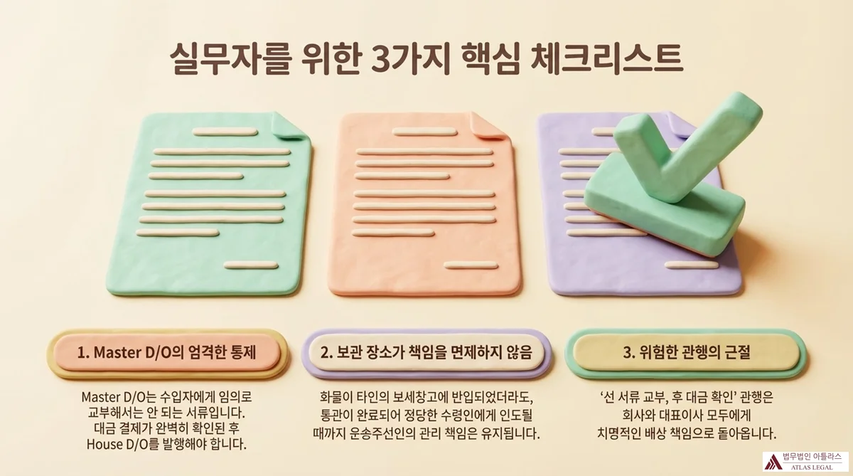 Atlas Legal - Three Key Compliance Checklist for Trade Freight Practitioners 실무자를 위한 3가지 핵심 체크리스트 — 세 장의 문서(녹색·연주황·보라색)와 체크 도장 일러스트. 1. Master D/O의 엄격한 통제: 대금 결제 확인 후 House D/O 발행. 2. 보관 장소가 책임을 면제하지 않음: 보세창고 반입 후에도 운송주선인 관리 책임 유지. 3. 위험한 관행의 근절: 선 서류 교부·후 대금 확인 관행은 회사·대표이사 모두에게 배상 책임.