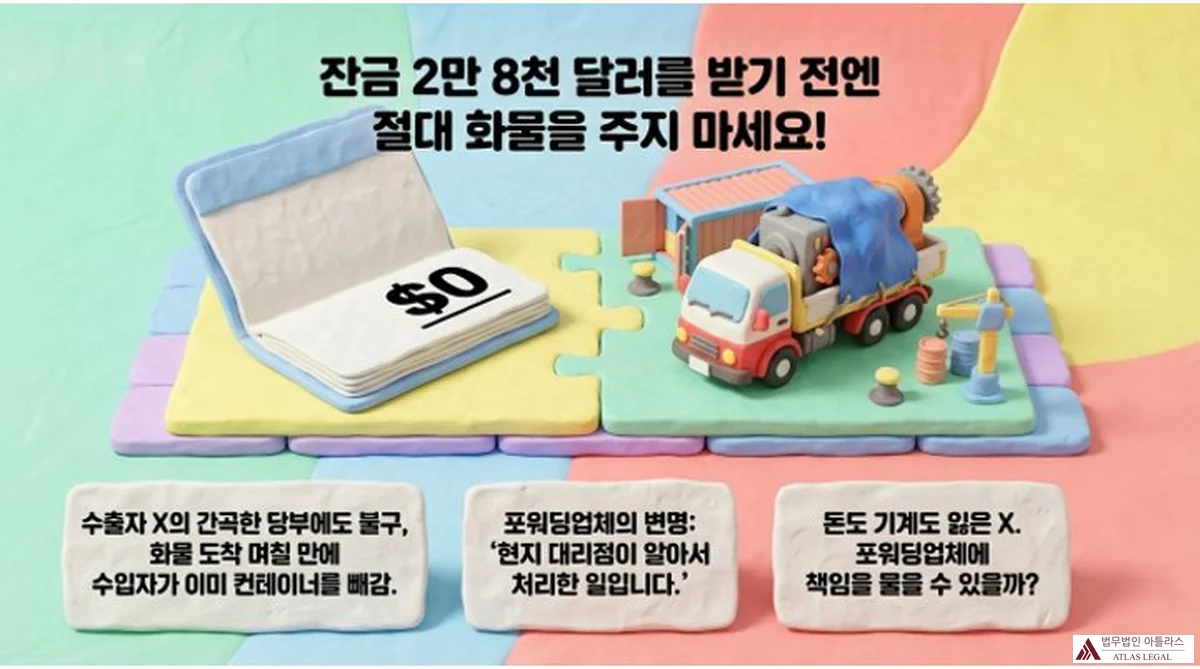 Atlas Legal - Forwarding Cargo Release Without Payment USD 28000 잔금 2만 8천 달러를 받기 전엔 절대 화물을 주지 마세요. 수출자 X의 당부, 포워딩업체의 변명, 책임 귀속 쟁점을 세 개의 카드로 정리한 인포그래픽.