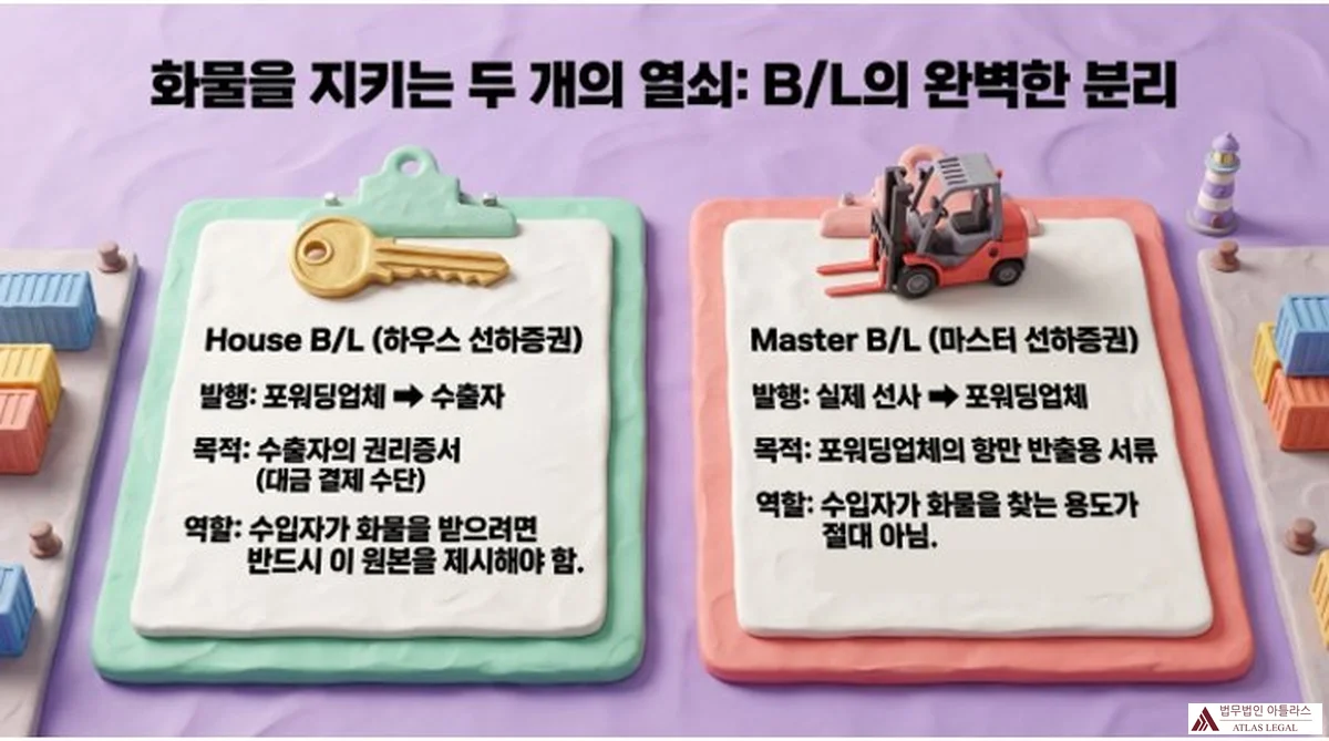 Atlas Legal - House B/L vs Master B/L Difference Bill of Lading 화물을 지키는 두 개의 열쇠: B/L의 완벽한 분리. House B/L(하우스 선하증권)은 포워딩업체가 수출자에게 발행하며 수입자가 반드시 원본을 제시해야 함. Master B/L(마스터 선하증권)은 실제 선사가 포워딩업체에 발행하며 수입자용이 아님.