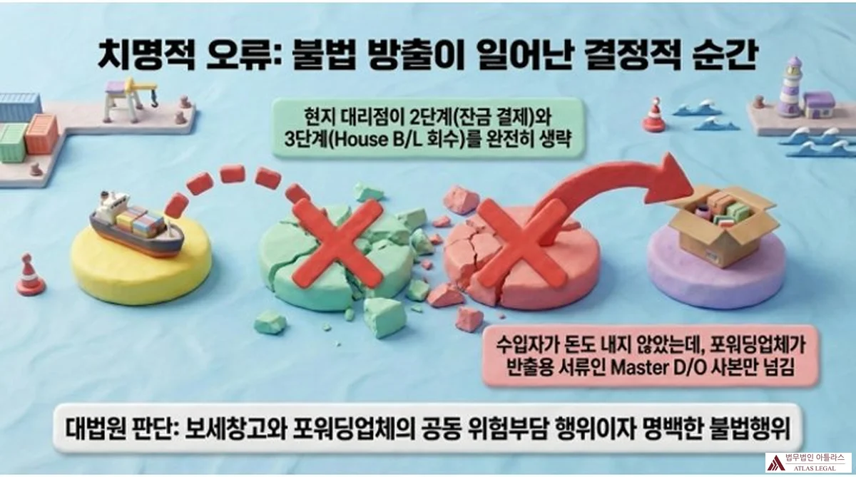 Atlas Legal - Unauthorized Cargo Release Master DO Fatal Error Illegal Act 치명적 오류: 불법 방출이 일어난 결정적 순간. 현지 대리점이 2단계(잔금 결제)와 3단계(House B/L 회수)를 완전히 생략하고, 수입자가 돈도 내지 않았는데 포워딩업체가 반출용 서류인 Master D/O 사본만 넘긴 도식. 대법원: 보세창고와 포워딩업체의 공동 위험부담 행위이자 명백한 불법행위.