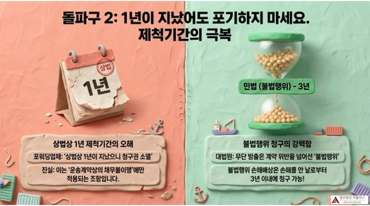 Atlas Legal - Statute of Limitations 1 Year vs 3 Year Tort Claim Forwarding 돌파구 2: 1년이 지났어도 포기하지 마세요. 제척기간의 극복. 상법상 1년 제척기간은 운송계약상 채무불이행에만 적용되는 오해. 민법(불법행위) 3년 소멸시효: 손해를 안 날로부터 3년 이내 청구 가능. 모래시계와 달력 비교 인포그래픽.