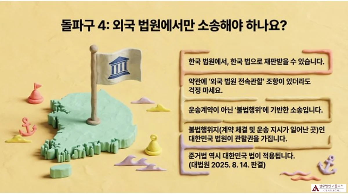 Atlas Legal - Korean Court Jurisdiction Governing Law Forwarding Tort Claim 돌파구 4: 외국 법원에서만 소송해야 하나요? 한국 법원에서 한국 법으로 재판 가능. 약관에 외국 법원 전속관할 조항이 있어도 불법행위 기반 소송이므로 대한민국 법원이 관할권 보유. 준거법도 대한민국 법. 대법원 2025. 8. 14. 판결. 한국 지도와 법원 깃발 일러스트.