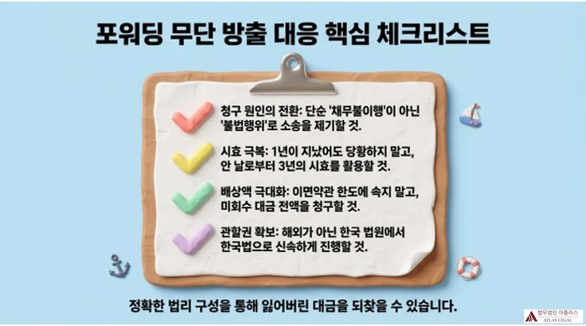 Atlas Legal - Forwarding Unauthorized Cargo Release Response Checklist 포워딩 무단 방출 대응 핵심 체크리스트. 청구 원인의 전환: 단순 채무불이행이 아닌 불법행위로 소송. 시효 극복: 안 날로부터 3년 시효 활용. 배상액 극대화: 이면약관 한도에 속지 말고 미회수 대금 전액 청구. 관할권 확보: 한국 법원에서 한국법으로 신속 진행.