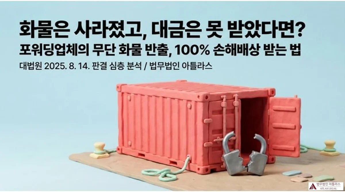 Atlas Legal - Forwarding Unauthorized Cargo Release Damages Supreme Court 2024Da270860 화물은 사라졌고, 대금은 못 받았다면? 포워딩업체의 무단 화물 방출 손해배상 받는 법 — 대법원 2025. 8. 판결 심층 분석 타이틀 슬라이드. 열린 컨테이너와 부서진 자물쇠 이미지.