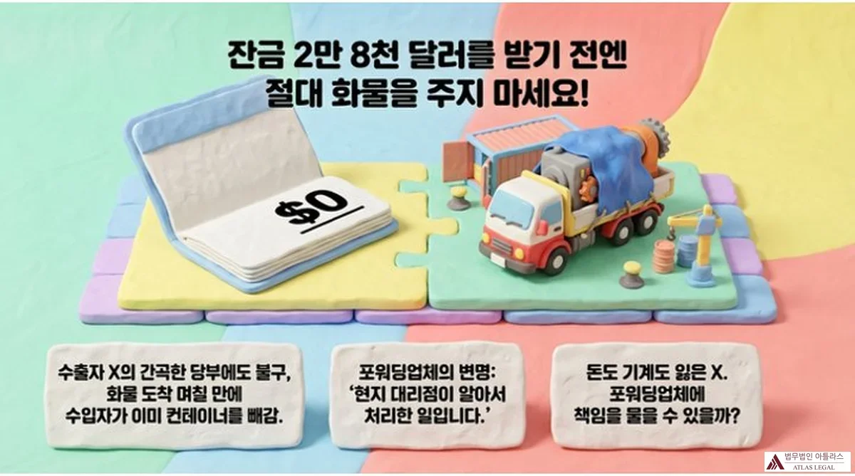 Atlas Legal - Forwarding Cargo Release Without Payment USD 28000 잔금 2만 8천 달러를 받기 전엔 절대 화물을 주지 마세요. 수출자 X의 당부, 포워딩업체의 변명, 책임 귀속 쟁점을 세 개의 카드로 정리한 인포그래픽.
