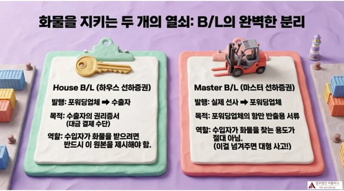 Atlas Legal - House B/L vs Master B/L Difference Bill of Lading 화물을 지키는 두 개의 열쇠: B/L의 완벽한 분리. House B/L(하우스 선하증권)은 포워딩업체가 수출자에게 발행하며 수입자가 반드시 원본을 제시해야 함. Master B/L(마스터 선하증권)은 실제 선사가 포워딩업체에 발행하며 수입자용이 아님.