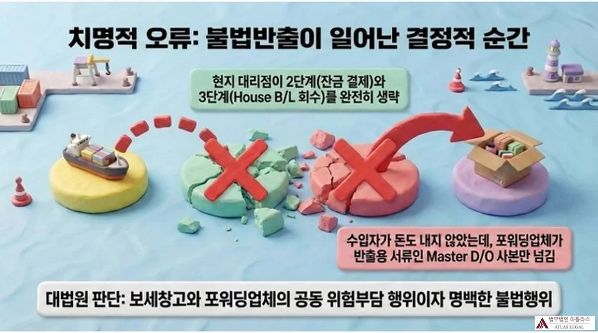 Atlas Legal - Unauthorized Cargo Release Master DO Fatal Error Illegal Act 치명적 오류: 불법 방출이 일어난 결정적 순간. 현지 대리점이 2단계(잔금 결제)와 3단계(House B/L 회수)를 완전히 생략하고, 수입자가 돈도 내지 않았는데 포워딩업체가 반출용 서류인 Master D/O 사본만 넘긴 도식. 대법원: 보세창고와 포워딩업체의 공동 위험부담 행위이자 명백한 불법행위.