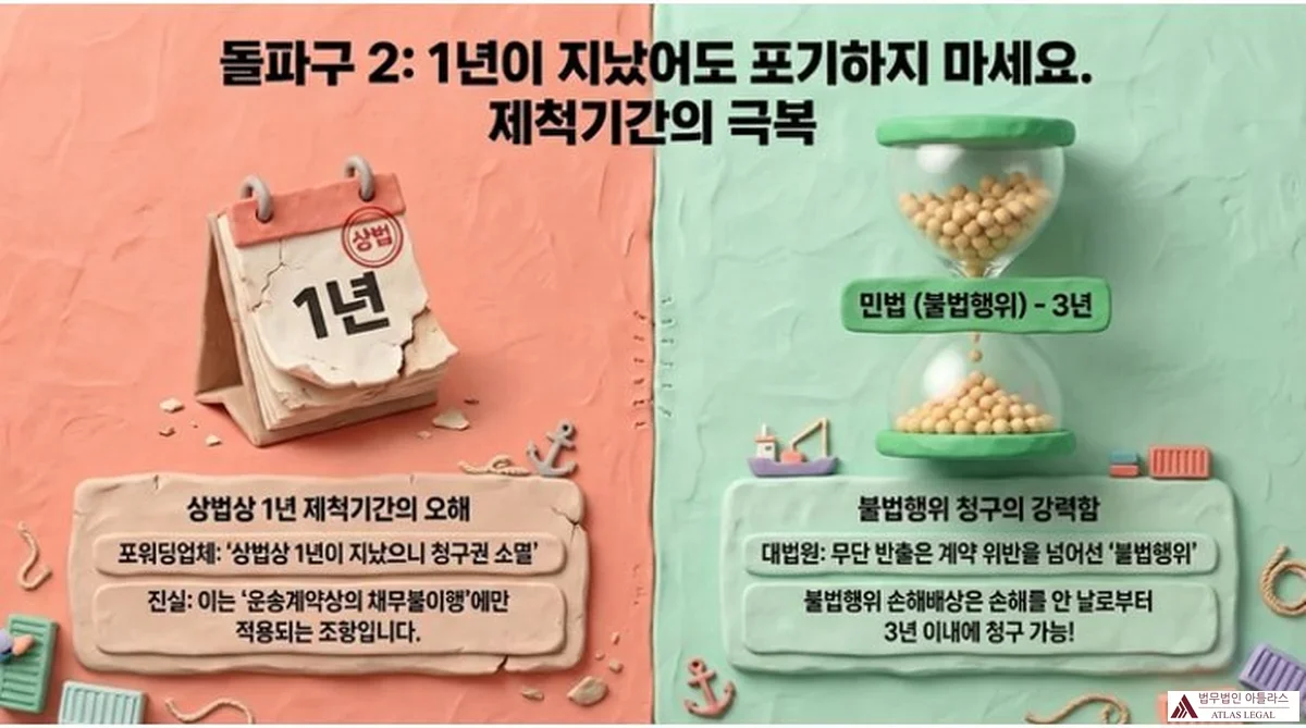 Atlas Legal - Statute of Limitations 1 Year vs 3 Year Tort Claim Forwarding 돌파구 2: 1년이 지났어도 포기하지 마세요. 제척기간의 극복. 상법상 1년 제척기간은 운송계약상 채무불이행에만 적용되는 오해. 민법(불법행위) 3년 소멸시효: 손해를 안 날로부터 3년 이내 청구 가능. 모래시계와 달력 비교 인포그래픽.