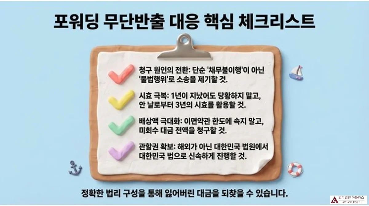 Atlas Legal - Forwarding Unauthorized Cargo Release Response Checklist 포워딩 무단 방출 대응 핵심 체크리스트. 청구 원인의 전환: 단순 채무불이행이 아닌 불법행위로 소송. 시효 극복: 안 날로부터 3년 시효 활용. 배상액 극대화: 이면약관 한도에 속지 말고 미회수 대금 전액 청구. 관할권 확보: 한국 법원에서 한국법으로 신속 진행.