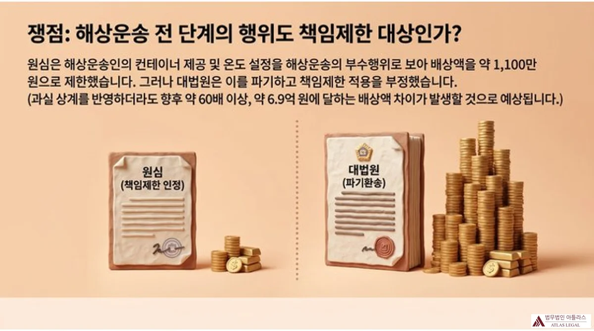 Atlas Legal - 원심 vs 대법원 판단 비교 원심 책임제한 인정과 대법원 파기환송 판결문 일러스트 - 원심은 해상운송인 Y3 컨테이너 제공 및 온도 설정을 해상운송 부수행위로 보아 배상액을 약 1100만원으로 제한했으나 대법원은 이를 파기하고 책임제한 적용을 부정하여 향후 약 60배 이상 배상액 차이 예상