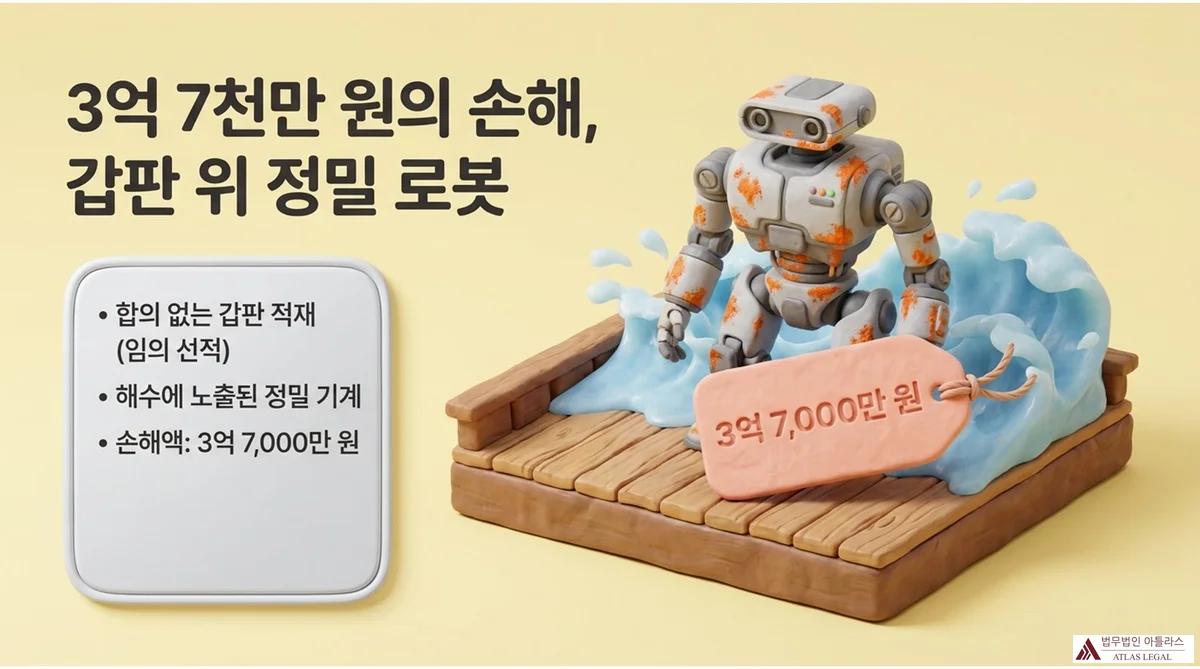 Atlas Legal - Maritime Cargo Damage and Carrier Liability Limitation 합의 없는 갑판 선적으로 해수에 노출된 3억 7천만 원짜리 산업용 정밀 로봇이 갑판 위 파도 속에서 부식되는 모습과 손해액 3억 7,000만 원 태그가 표시된 해상운송 손해 사례 인포그래픽