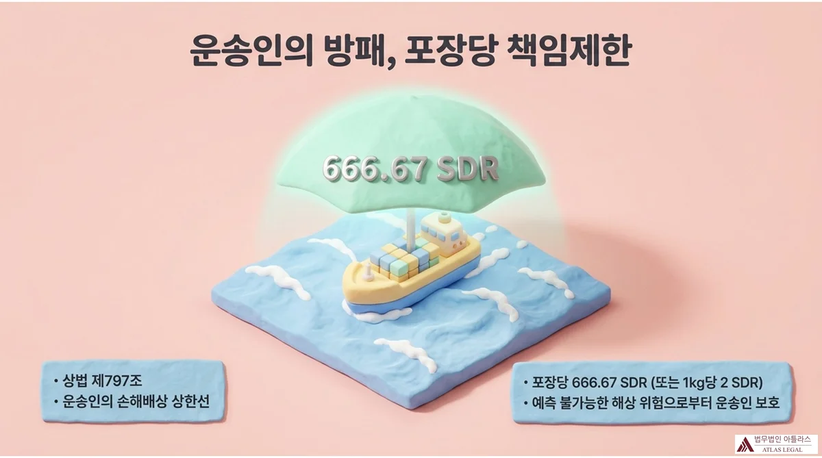 Atlas Legal - Per Package Liability Limitation Under Korean Commercial Act Article 797 상법 제797조 포장당 책임제한 제도를 설명하는 인포그래픽. 컨테이너 선박 위에 666.67 SDR 방패 보호막이 표시되고, 좌측 하단에 상법 제797조·운송인 손해배상 상한선, 우측 하단에 포장당 666.67 SDR(또는 1kg당 2 SDR)·예측 불가능한 해상 위험으로부터 운송인 보호 문구가 배치된 클레이 아트
