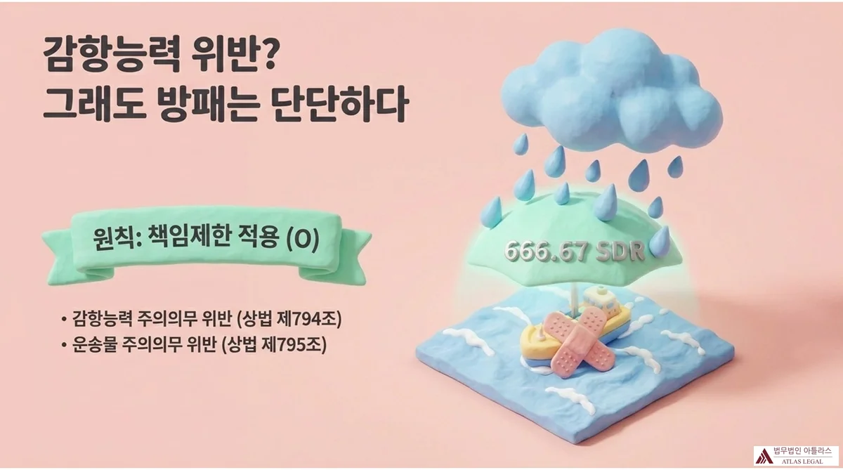 Atlas Legal - Seaworthiness Breach and Per Package Liability Limitation 감항능력 위반이 있어도 포장당 책임제한이 적용됨을 설명하는 인포그래픽. 비구름에서 빗방울이 쏟아지고 있으나 666.67 SDR 방패 돔이 손상된 선박을 보호하고 있으며, '원칙: 책임제한 적용 O', 감항능력 주의의무 위반(상법 제794조), 운송물 주의의무 위반(상법 제795조) 문구가 표시된 클레이 아트