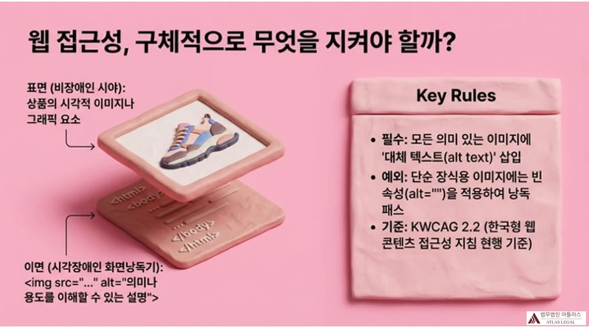 Atlas Legal - Web Accessibility Key Rules KWCAG 2.2 웹 접근성 구체적으로 무엇을 지켜야 할까: 표면(비장애인 시야)은 상품의 시각적 이미지나 그래픽 요소, 이면(시각장애인 화면낭독기)은 img src와 alt 속성으로 의미나 용도를 이해할 수 있는 설명 제공. Key Rules: 모든 의미 있는 이미지에 대체 텍스트 삽입 필수, 장식용 이미지에는 빈 alt 속성 적용, KWCAG 2.2 현행 기준