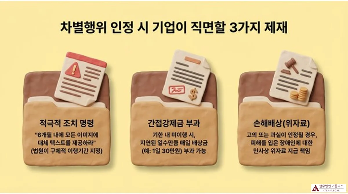 Atlas Legal - Three Legal Sanctions for Disability Discrimination in Web Accessibility 차별행위 인정 시 기업이 직면할 3가지 제재: 첫째 적극적 조치 명령(6개월 내 모든 이미지에 대체 텍스트를 제공하라, 법원이 구체적 이행기간 지정), 둘째 간접강제금 부과(기한 내 미이행 시 지연된 일수만큼 매일 배상금, 예: 1일 30만원 부과 가능), 셋째 손해배상 위자료(고의 또는 과실 인정될 경우 피해를 입은 장애인에 대한 민사상 위자료 지급 책임)