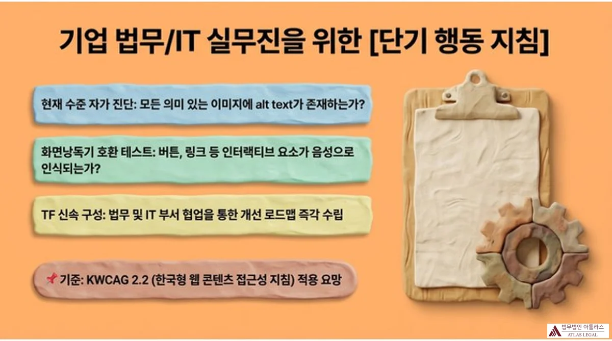 Atlas Legal - Immediate Action Plan for Corporate Legal and IT Teams 기업 법무IT 실무진을 위한 단기 행동 지침: 현재 수준 자가 진단(모든 의미 있는 이미지에 alt text가 존재하는가), 화면낭독기 호환 테스트(버튼 링크 등 인터랙티브 요소가 음성으로 인식되는가), TF 신속 구성(법무 및 IT 부서 협업을 통한 개선 로드맵 즉각 수립), 기준: KWCAG 2.2 한국형 웹 콘텐츠 접근성 지침 적용 요망