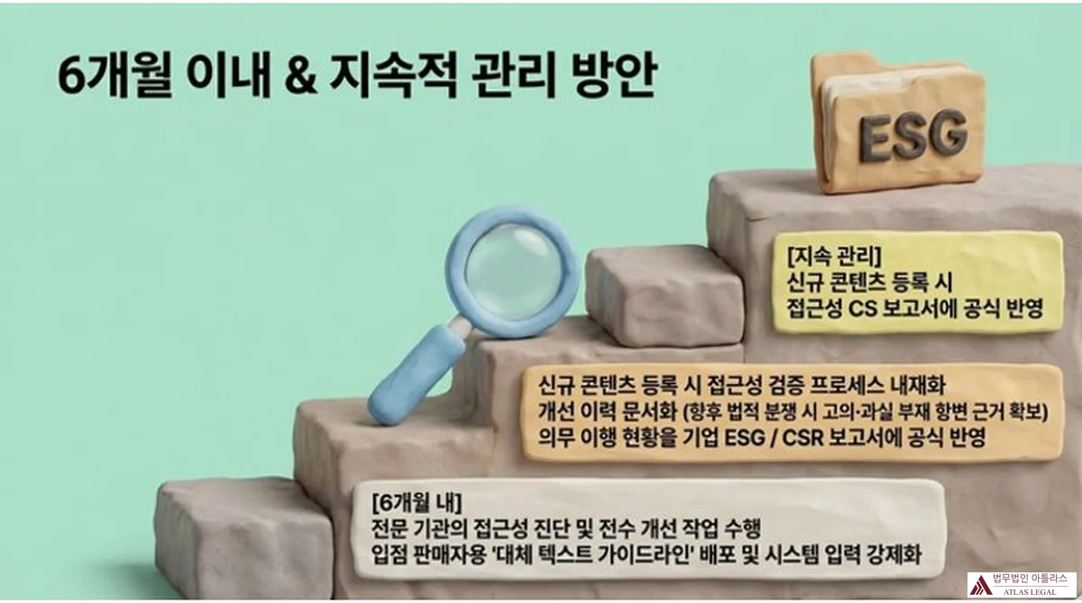 Atlas Legal - 6-Month Web Accessibility Improvement Roadmap and ESG Integration 6개월 이내 및 지속적 관리 방안 계단식 로드맵: 6개월 내 전문 기관의 접근성 진단 및 전수 개선 작업 수행과 입점 판매자용 대체 텍스트 가이드라인 배포 및 시스템 입력 강제화, 신규 콘텐츠 등록 시 접근성 검증 프로세스 내재화와 개선 이력 문서화, 지속 관리 단계에서 신규 콘텐츠 등록 시 접근성 CS 보고서에 공식 반영. 최상단에 ESG 블록