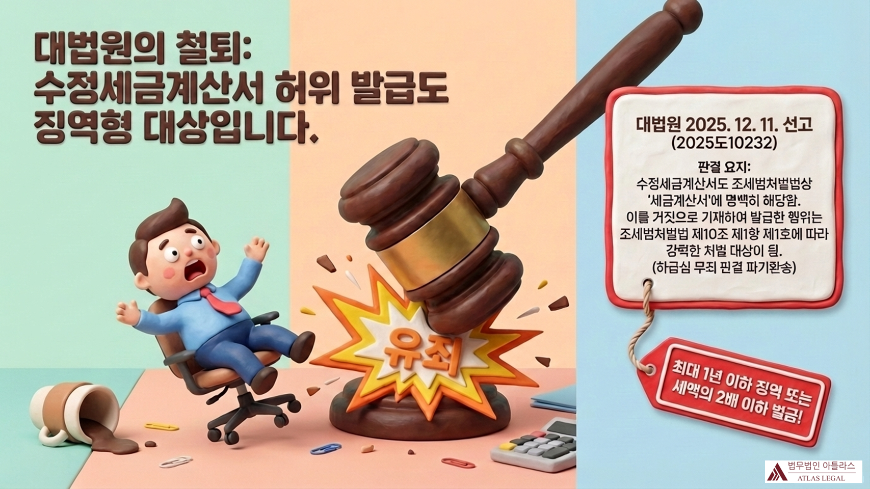 Atlas Legal - Supreme Court 2025Do10232 Reversed Lower Court Acquittal on Modified Tax Invoice 대법원의 철퇴: 수정세금계산서 허위 발급도 징역형 대상. 대법원 2025. 12. 10. 선고 2025도10232 판결 요지 - 조세범처벌법 제10조 제1항 제1호, 최대 1년 이하 징역 또는 세액의 2배 이하 벌금. 하급심 무죄 판결 파기환송.